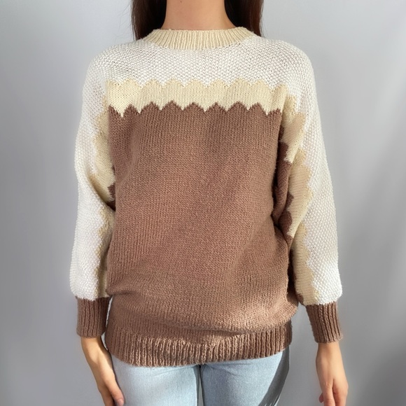 Vintage 70s handmade knit crochet sweater Colorblock long sleeve - Picture 2 of 5
